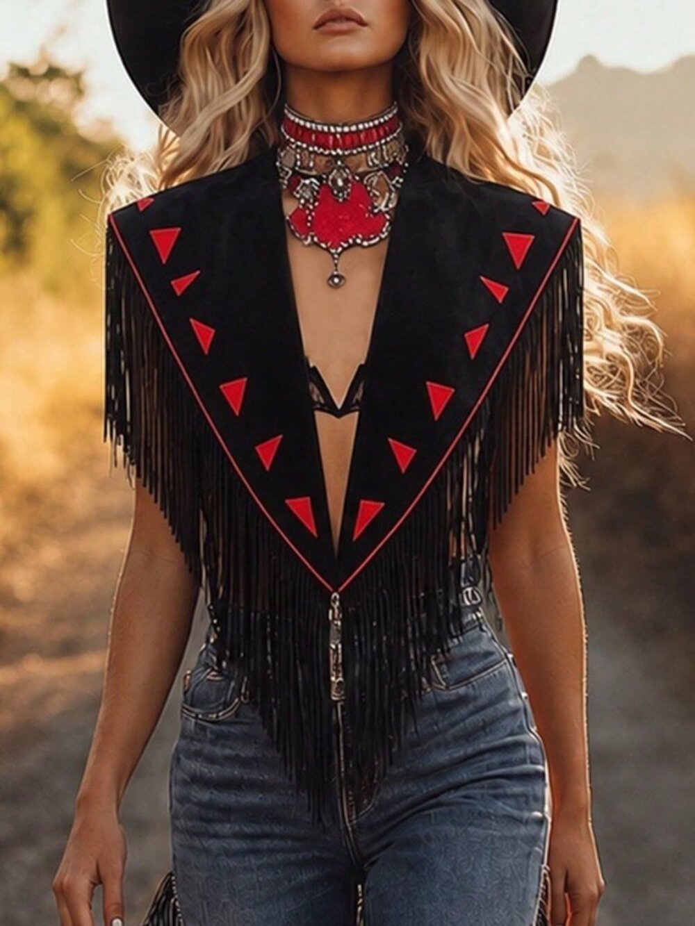 Black Western Women's Triangle Trim Open Front Sleeveless Waistcoat Vest